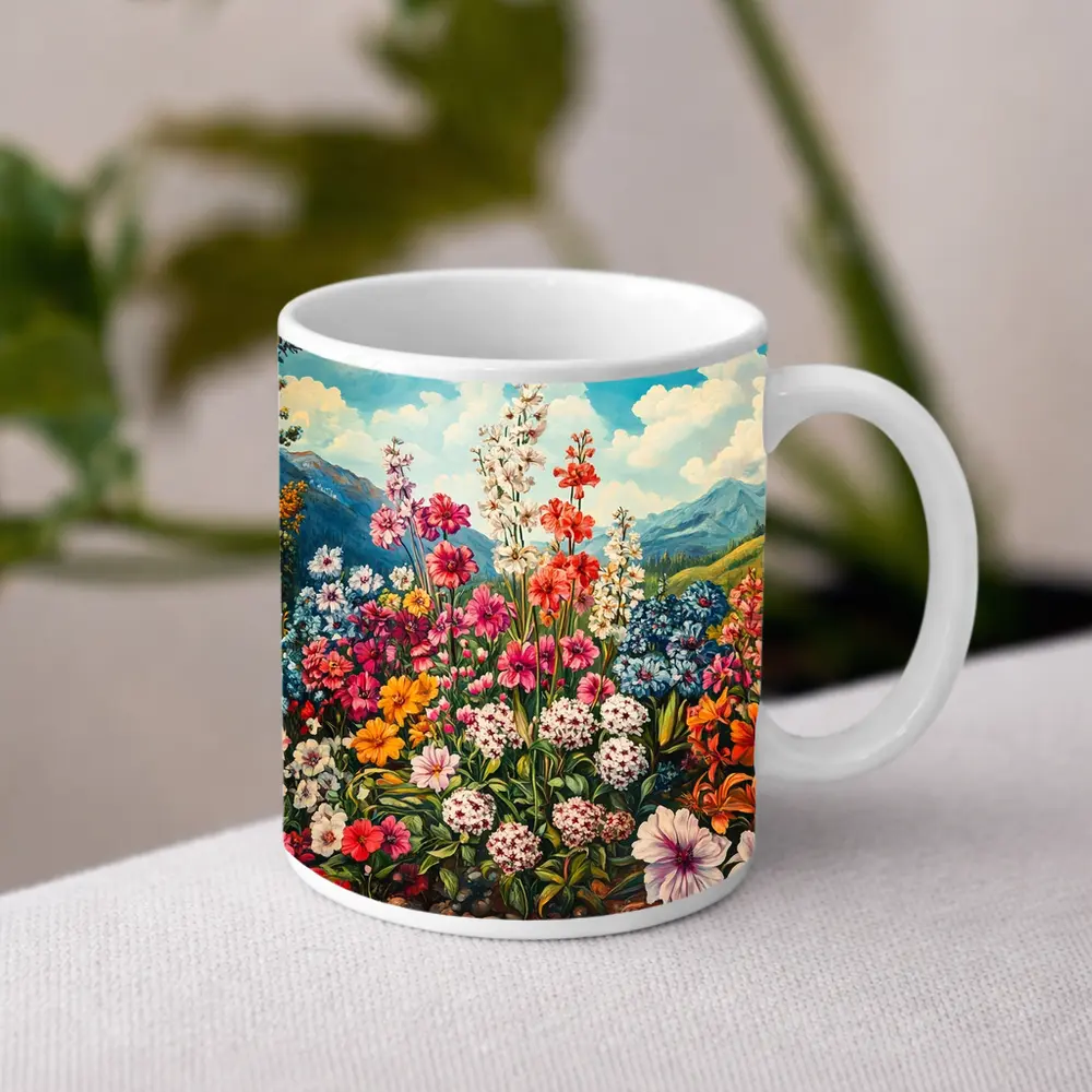Colorful Wildflowers Garden Mountain Landscape Painting – Mugs