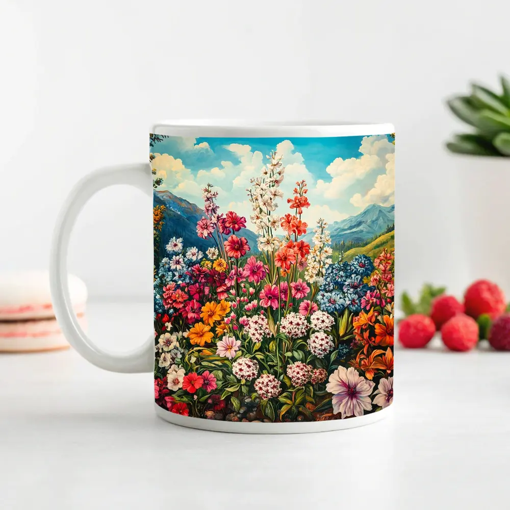 Colorful Wildflowers Garden Mountain Landscape Painting – Mugs