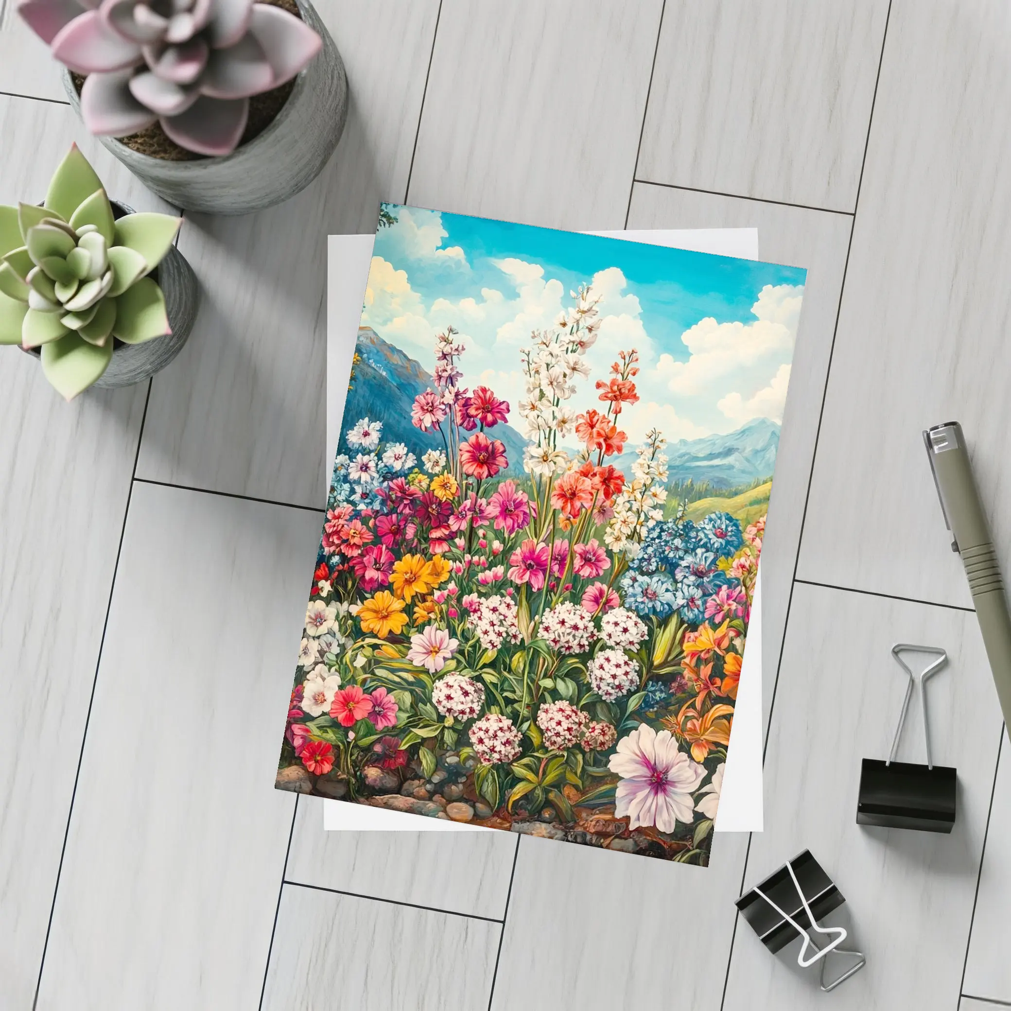 Colorful Wildflowers Garden Mountain Landscape Painting – Postcards