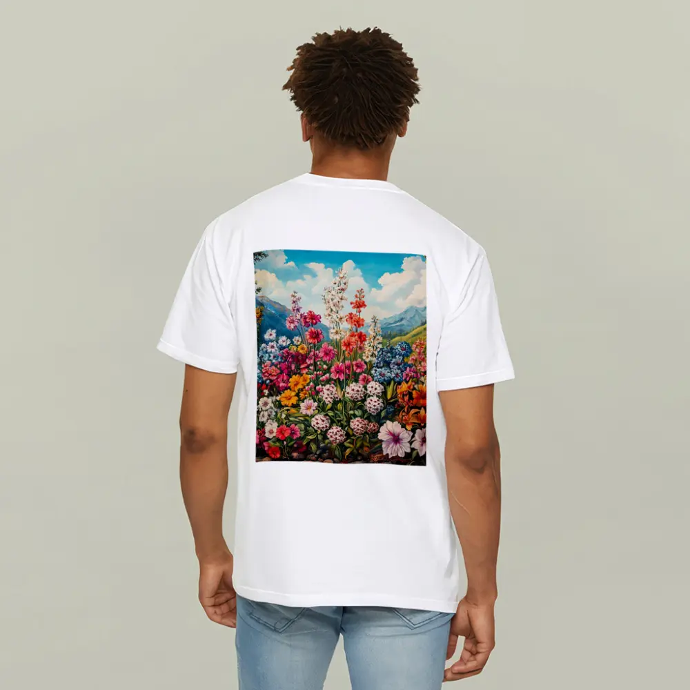 Colorful Wildflowers Garden Mountain Landscape Painting – T-Shirts