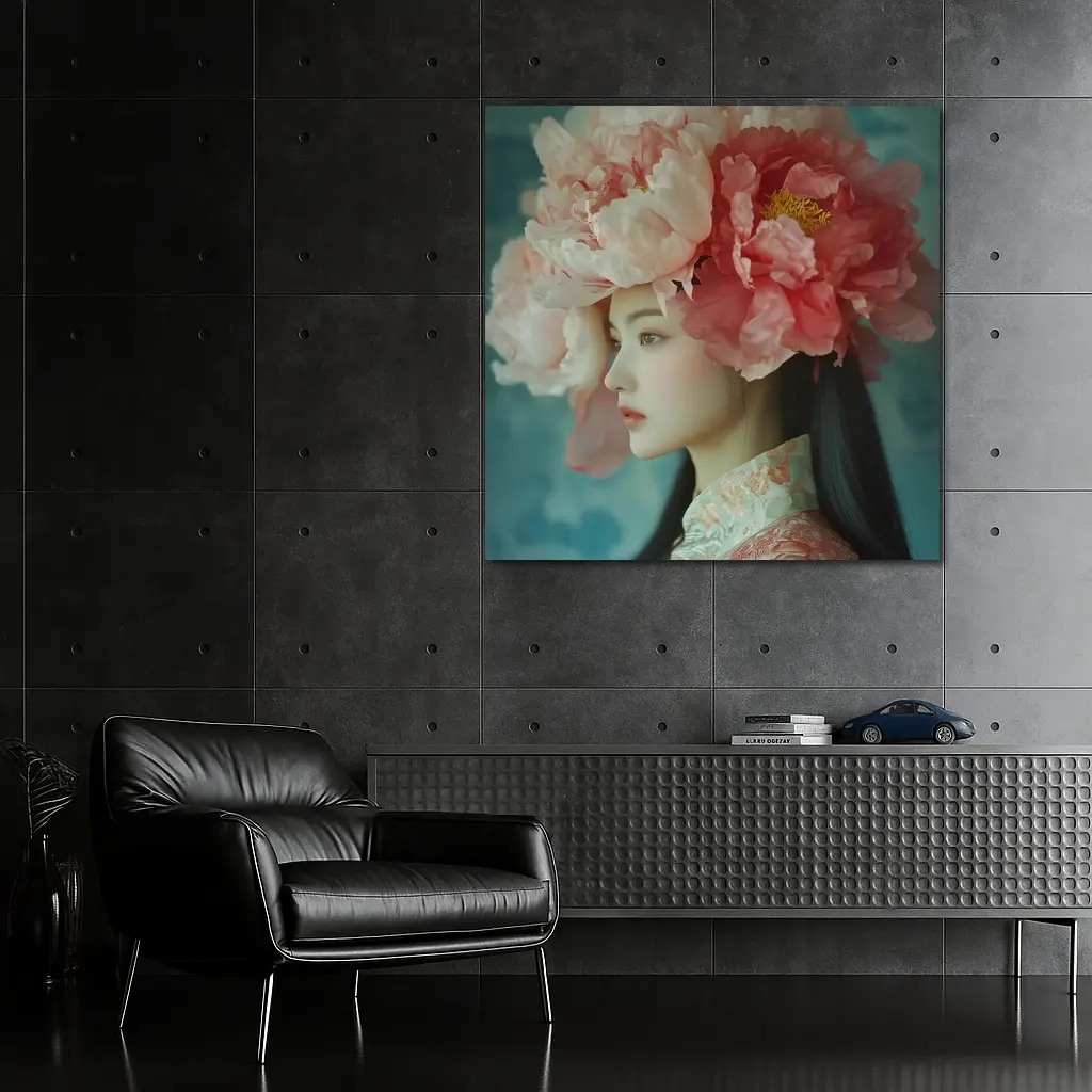 Asian Woman Peony Flower Crown Portrait Art – Wall Art