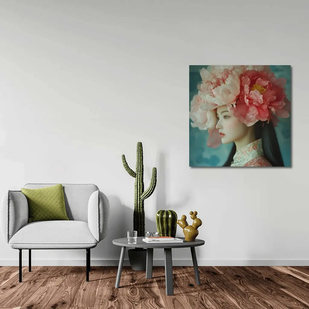 Asian Woman Peony Flower Crown Portrait Art – Wall Art