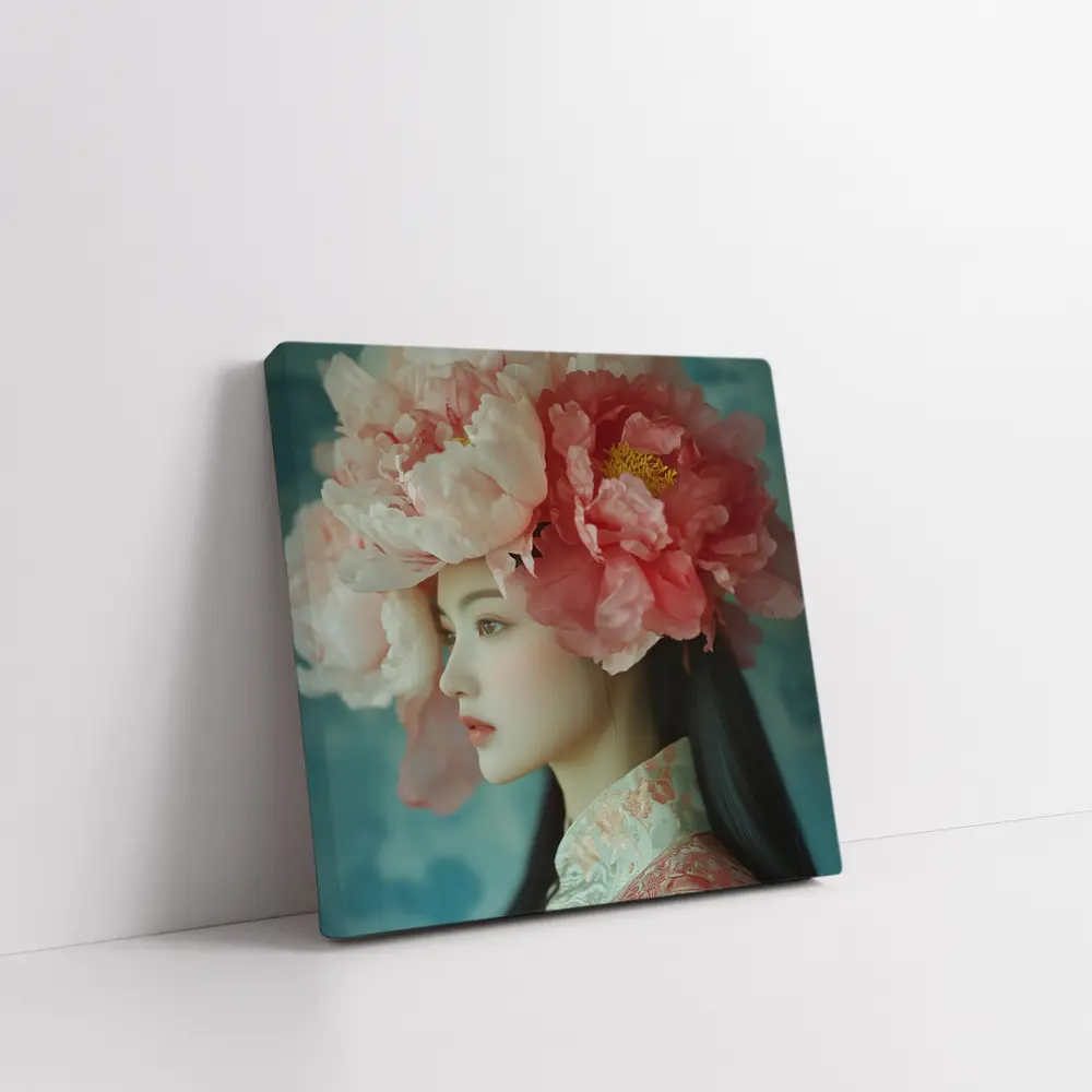 Asian Woman Peony Flower Crown Portrait Art – Wall Art