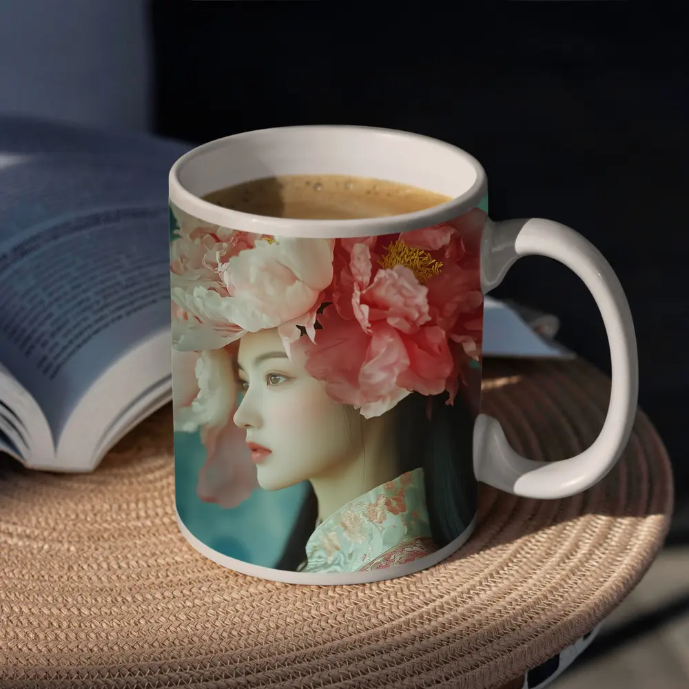 Asian Woman Peony Flower Crown Portrait Art – Mugs