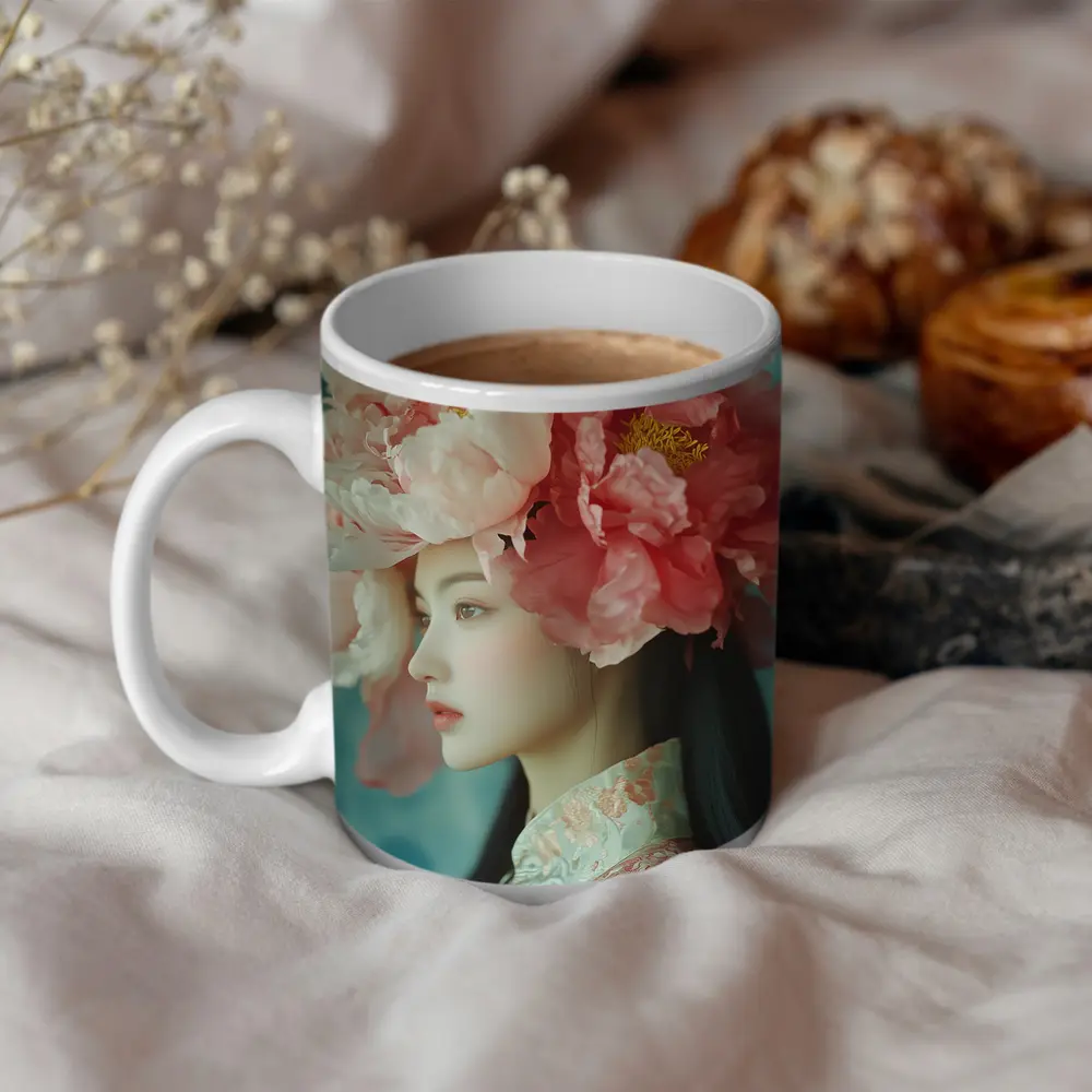 Asian Woman Peony Flower Crown Portrait Art – Mugs