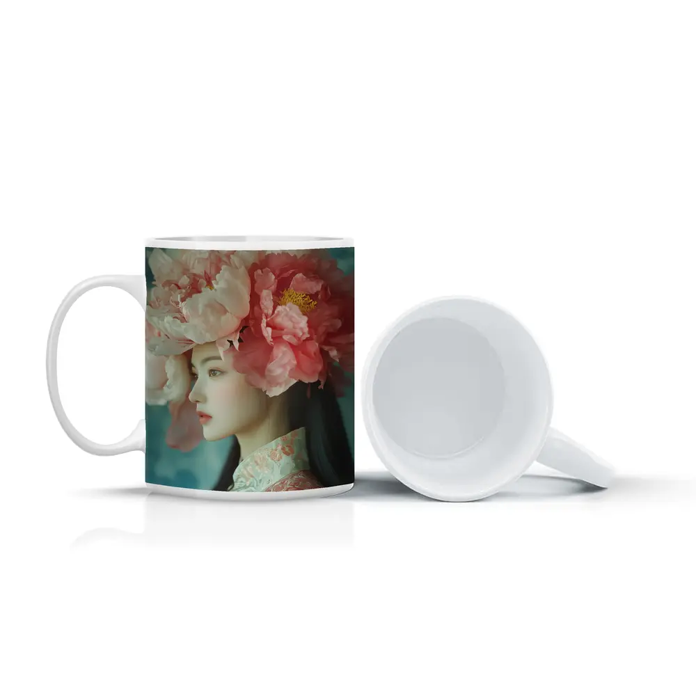 Asian Woman Peony Flower Crown Portrait Art – Mugs