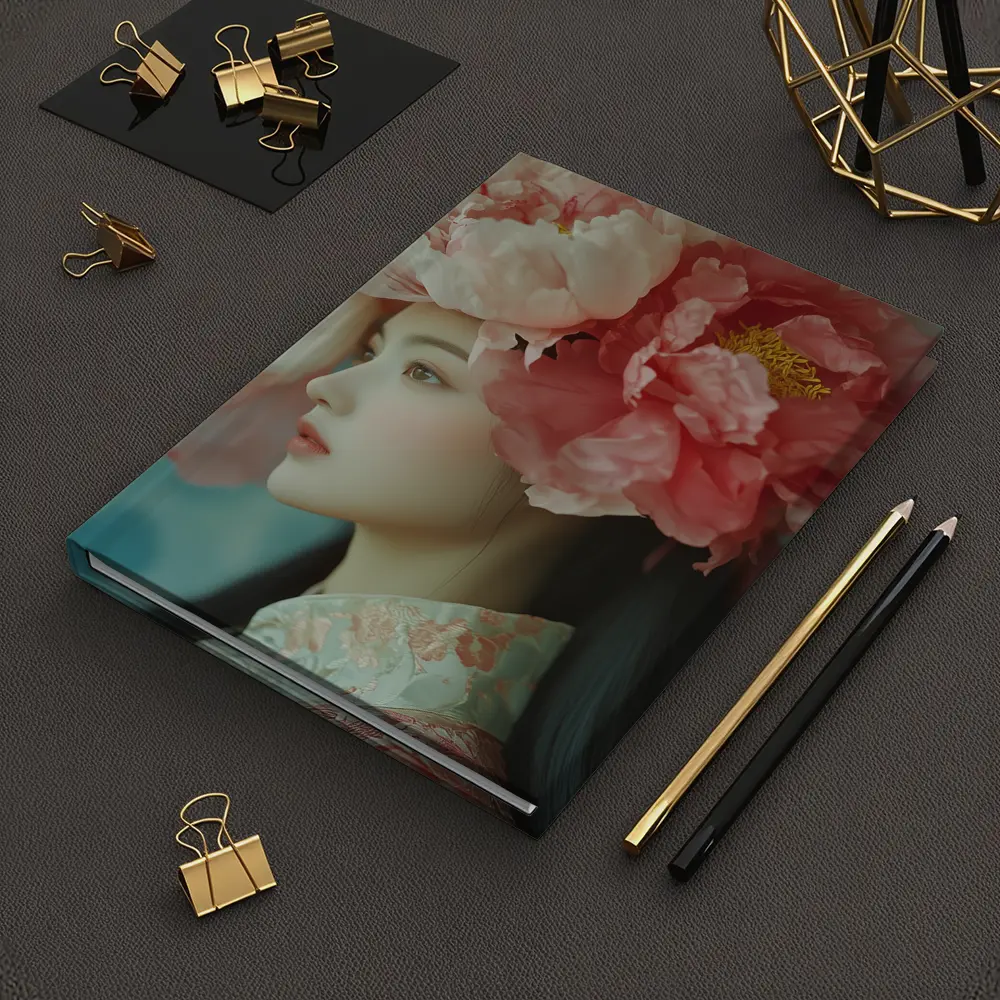Asian Woman Peony Flower Crown Portrait Art – Notebooks
