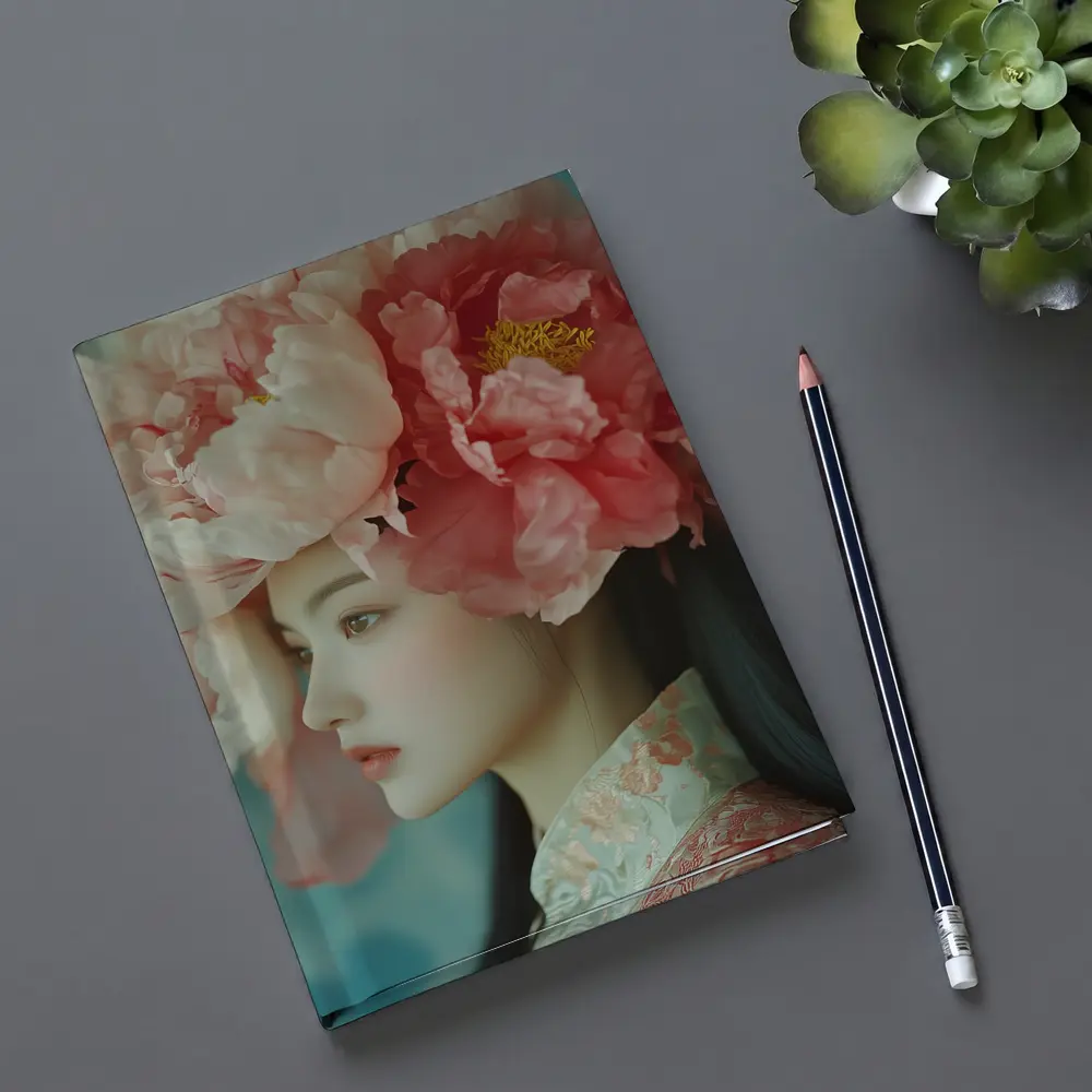 Asian Woman Peony Flower Crown Portrait Art – Notebooks
