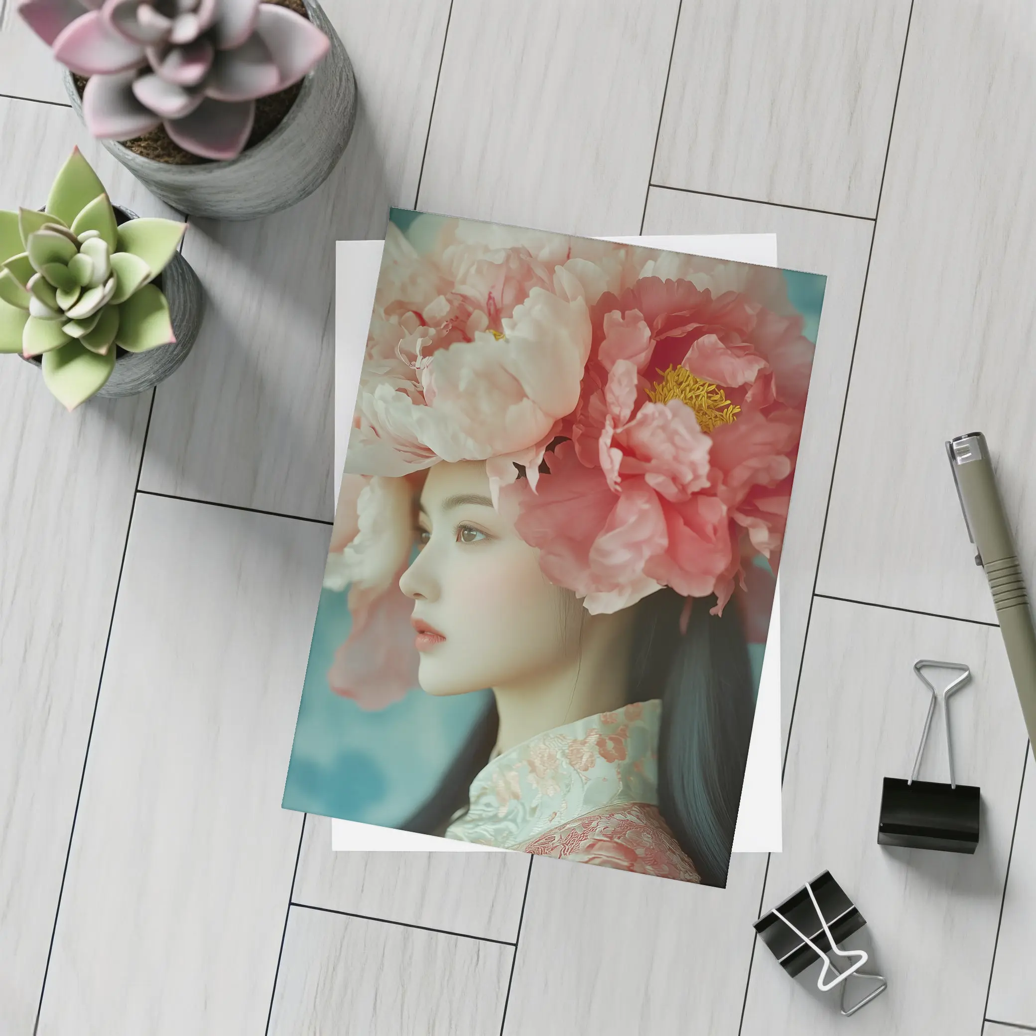 Asian Woman Peony Flower Crown Portrait Art – Postcards