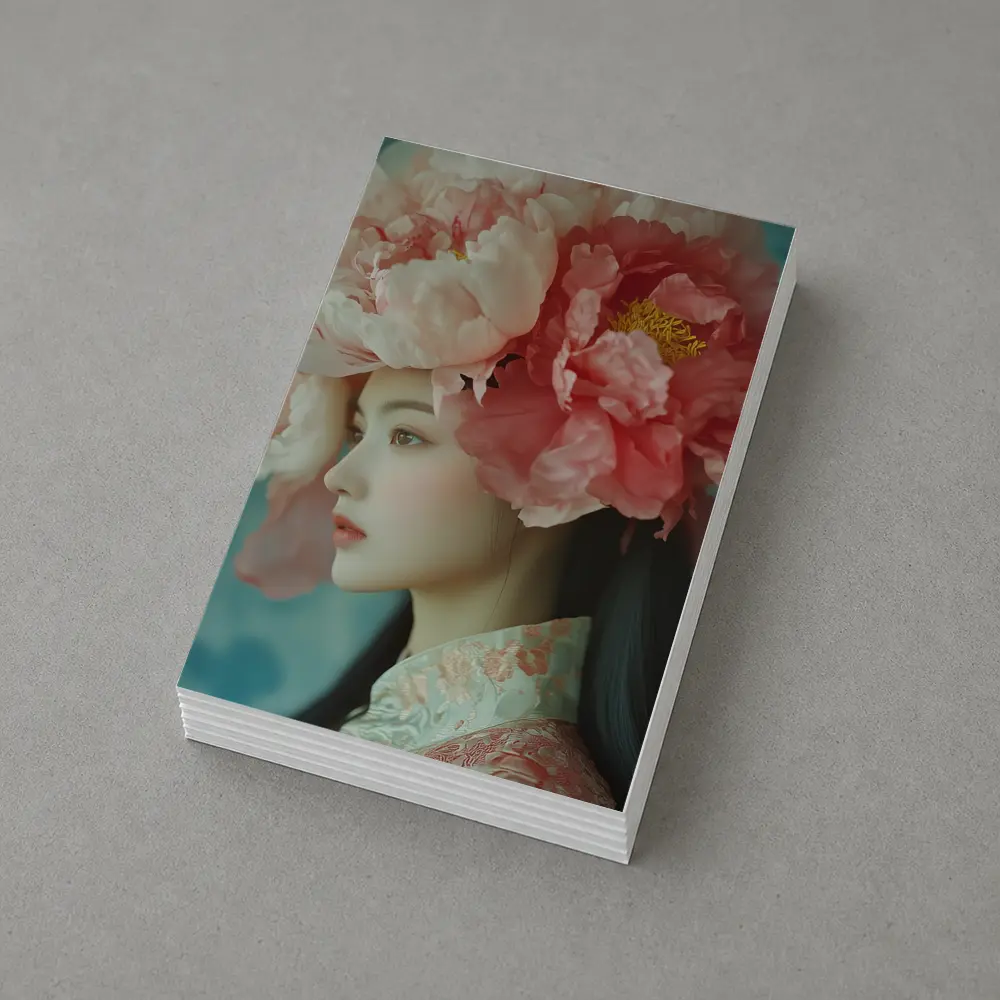 Asian Woman Peony Flower Crown Portrait Art – Postcards