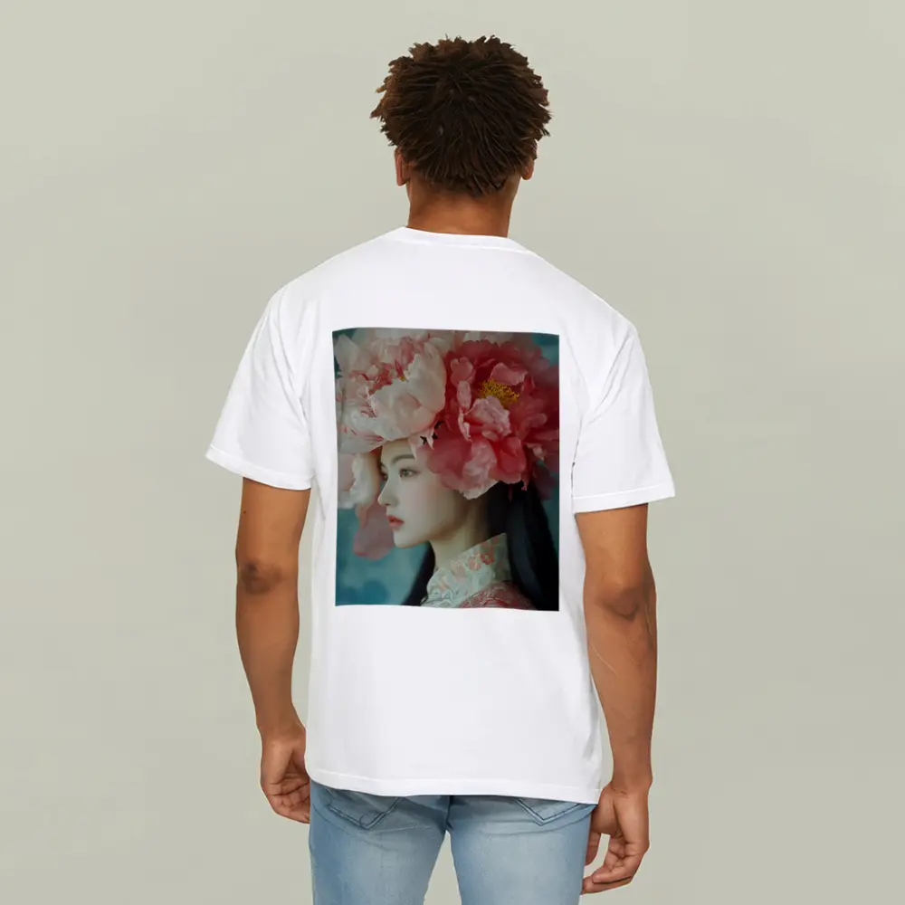 Asian Woman Peony Flower Crown Portrait Art – T-Shirts