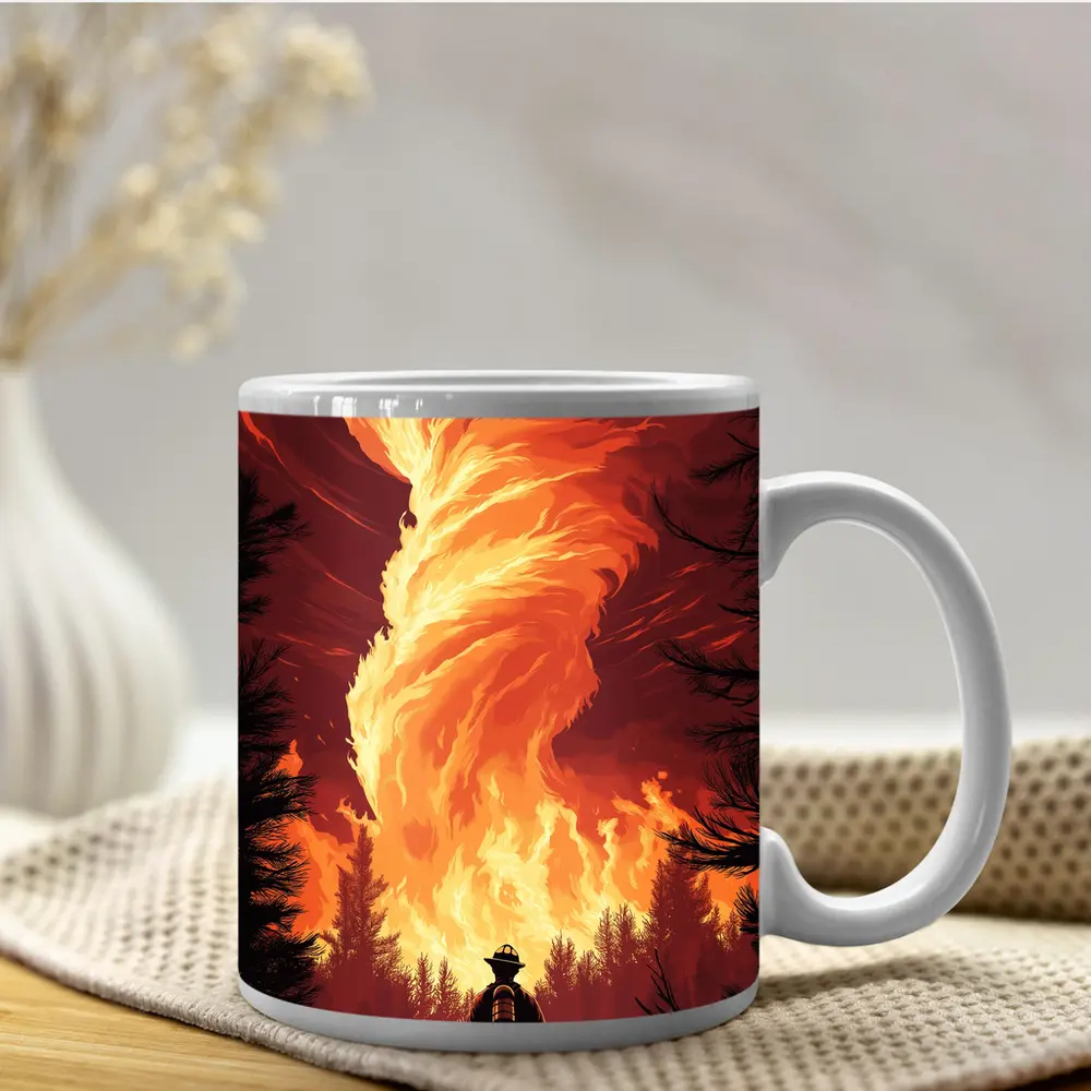 Firefighter Standing Before Massive Fire Tornado – Mugs