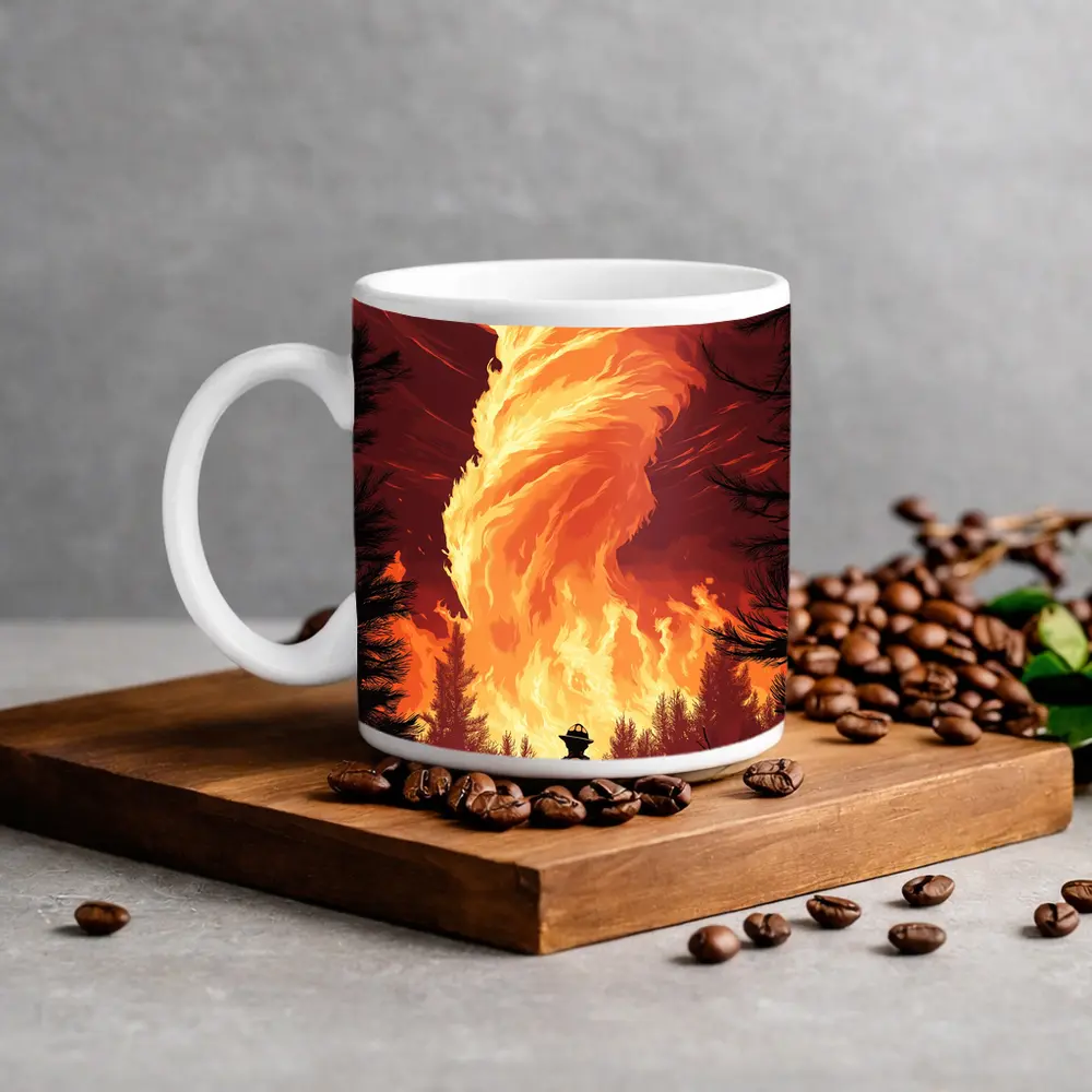 Firefighter Standing Before Massive Fire Tornado – Mugs