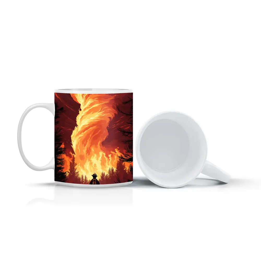 Firefighter Standing Before Massive Fire Tornado – Mugs