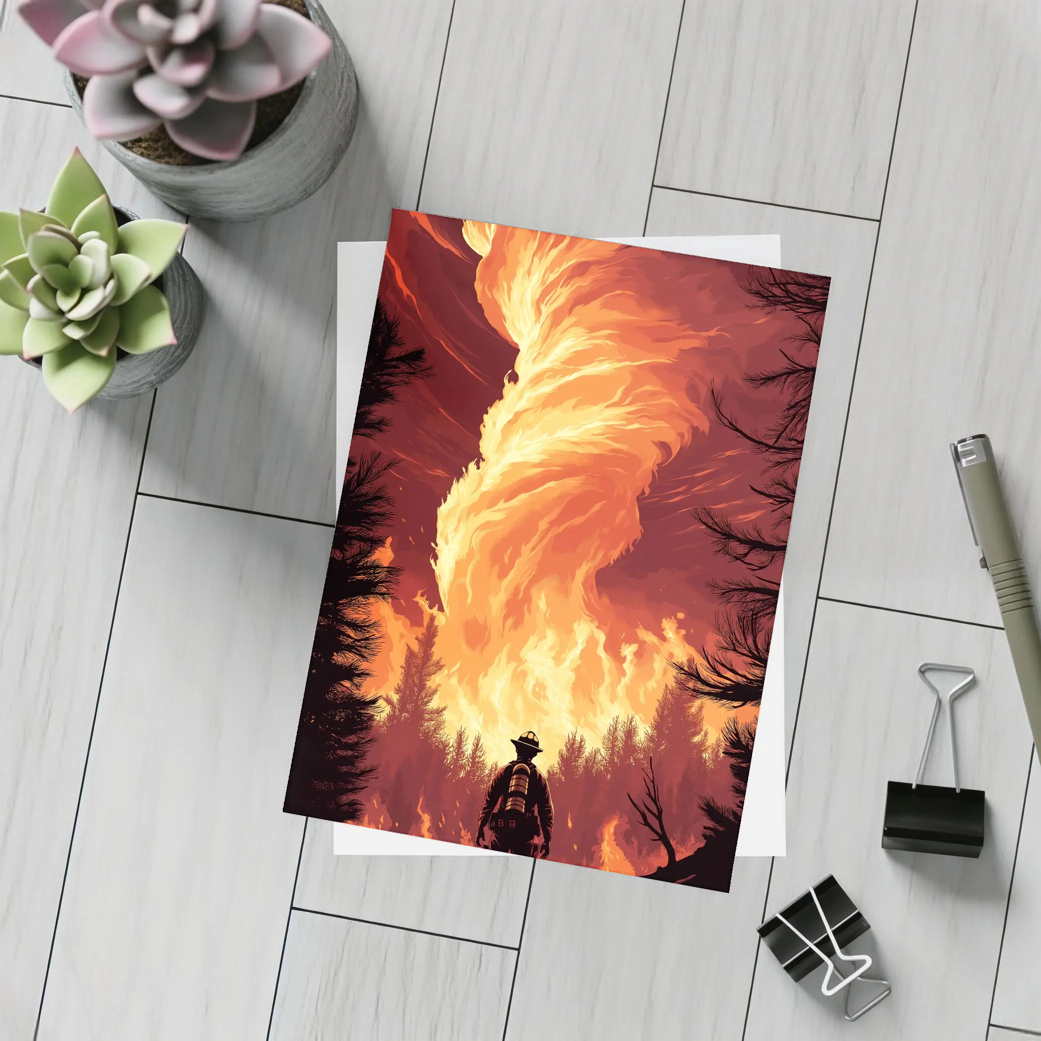 Firefighter Standing Before Massive Fire Tornado – Postcards