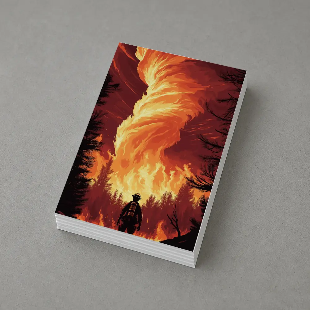 Firefighter Standing Before Massive Fire Tornado – Postcards
