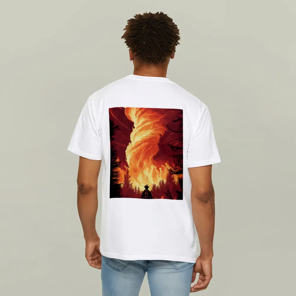 Firefighter Standing Before Massive Fire Tornado – T-Shirts