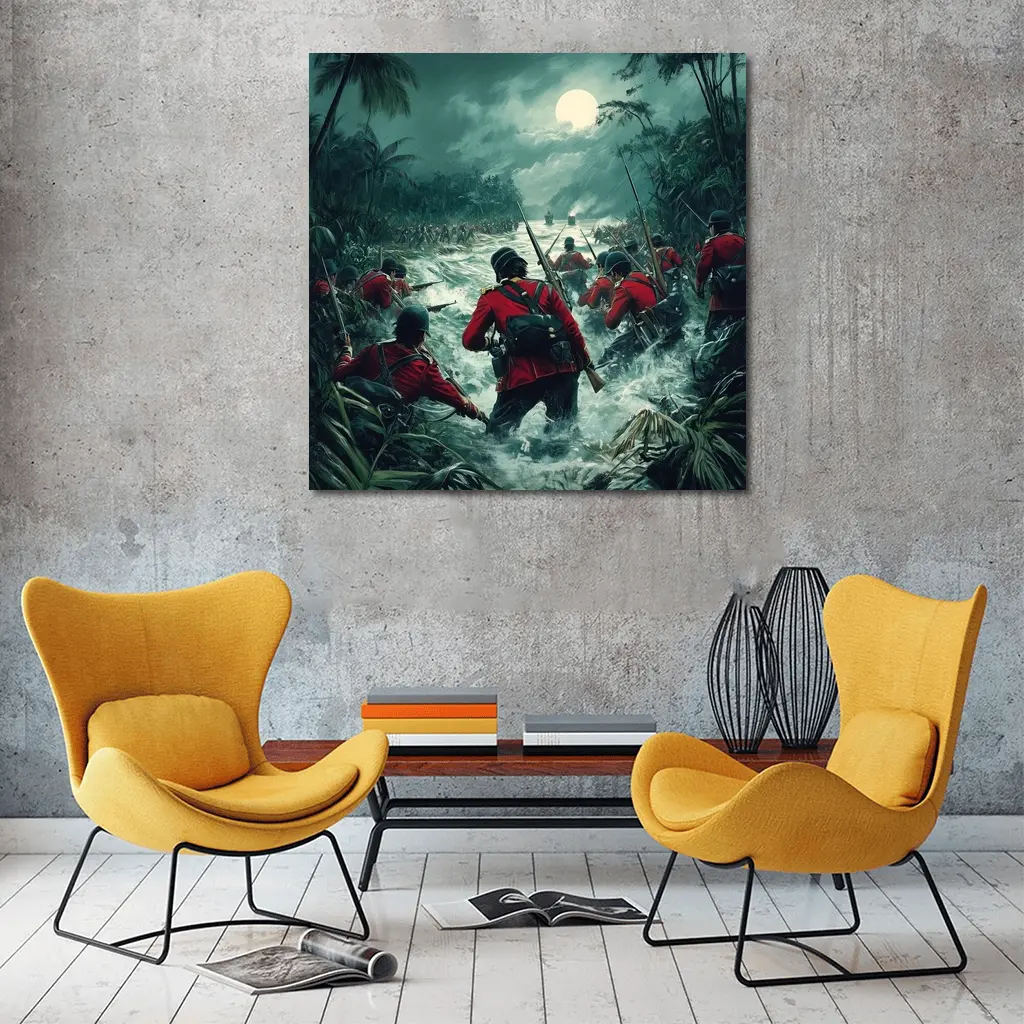 British Soldiers Charging Through Jungle River Night – Wall Art
