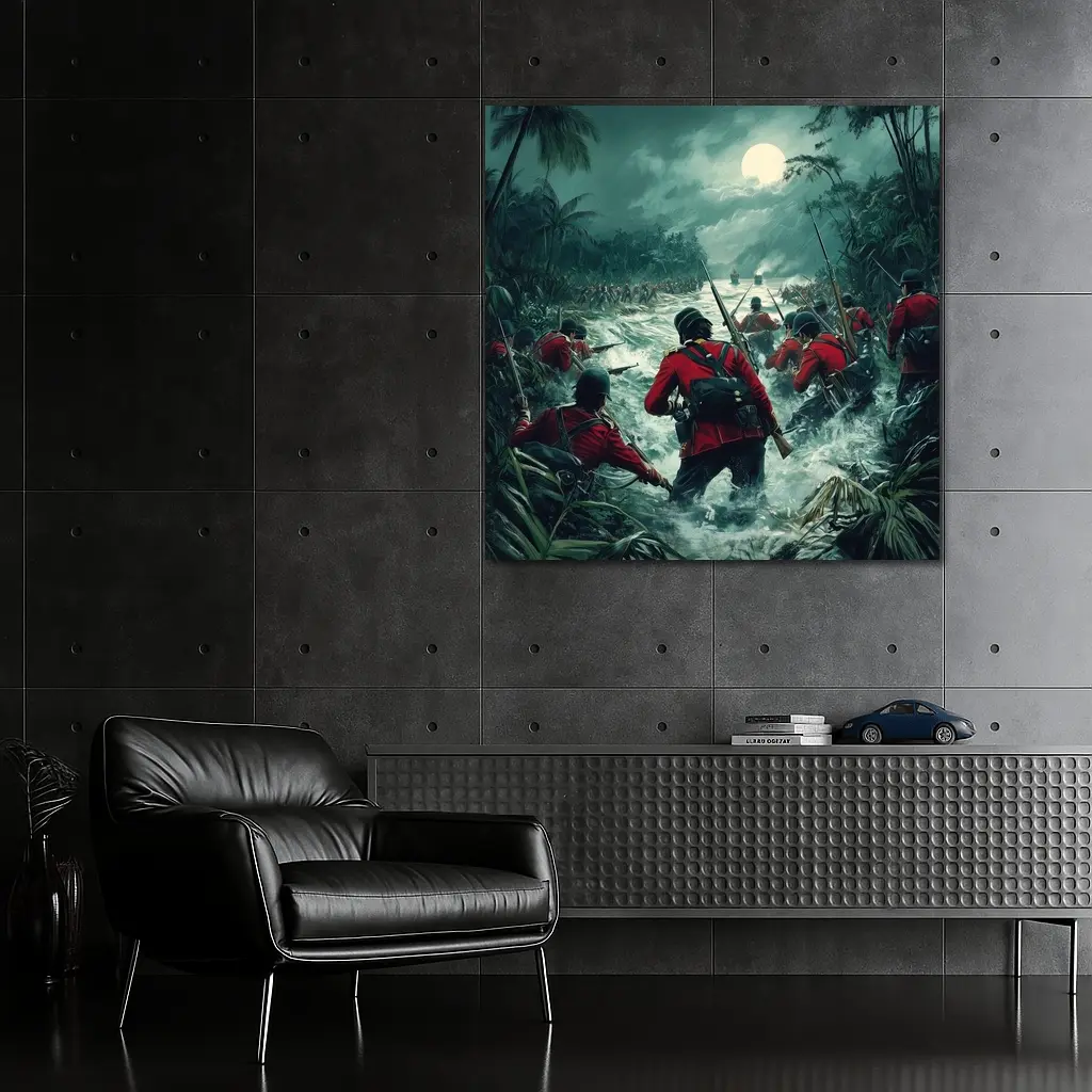 British Soldiers Charging Through Jungle River Night – Wall Art