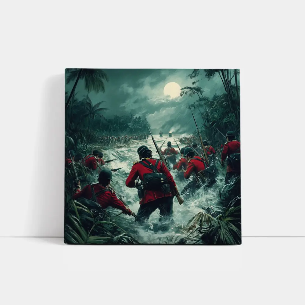 British Soldiers Charging Through Jungle River Night – Wall Art