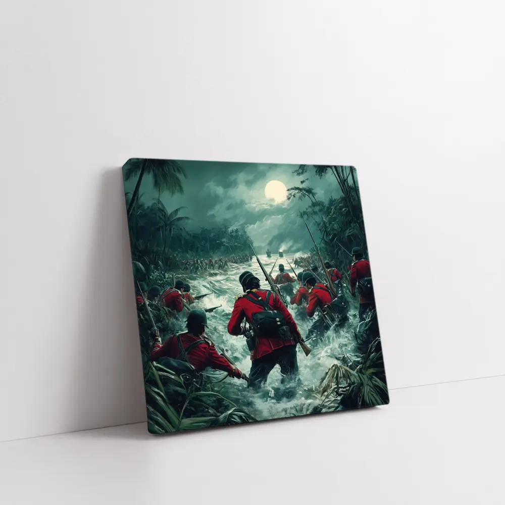 British Soldiers Charging Through Jungle River Night – Wall Art