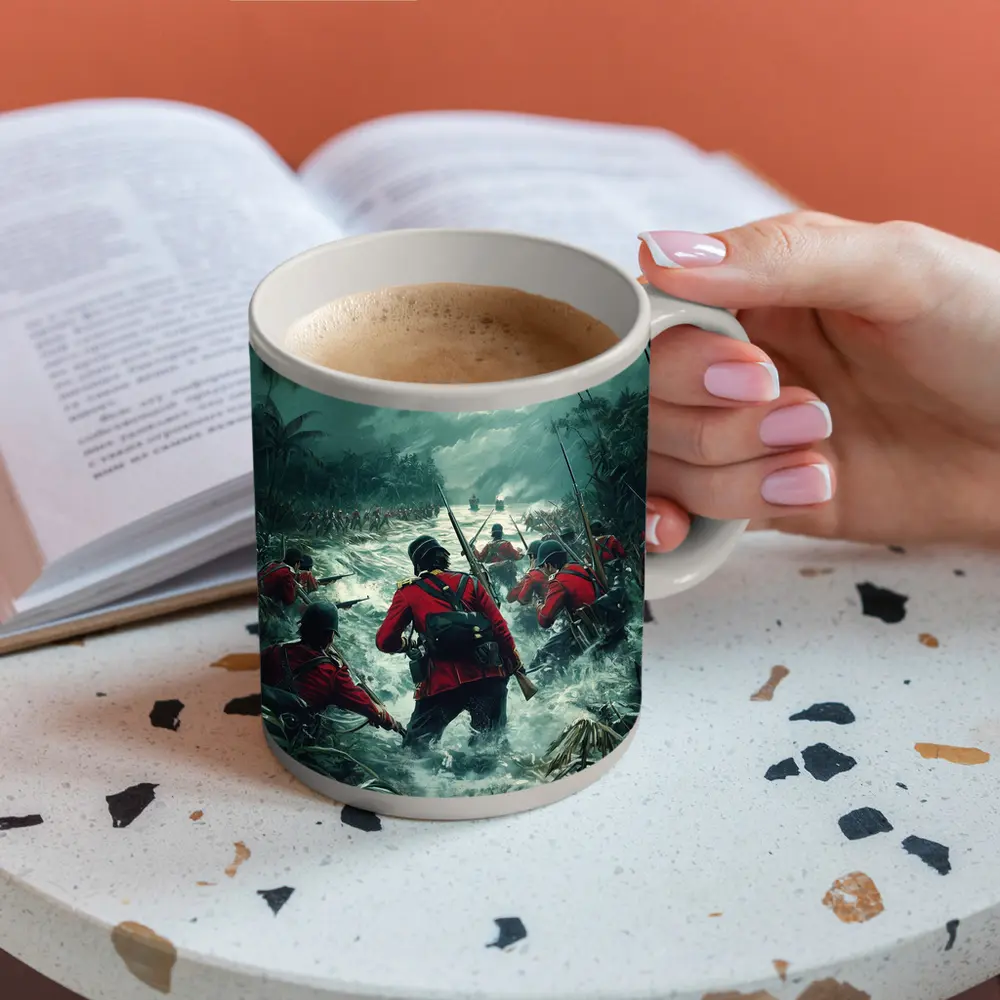 British Soldiers Charging Through Jungle River Night – Mugs