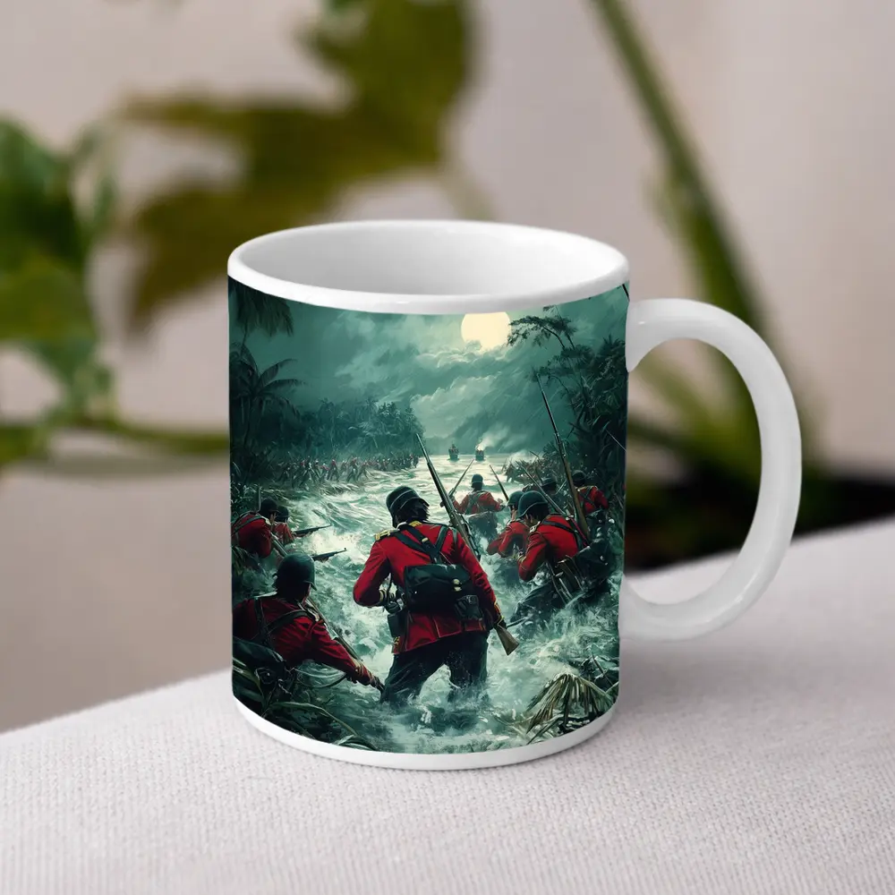 British Soldiers Charging Through Jungle River Night – Mugs