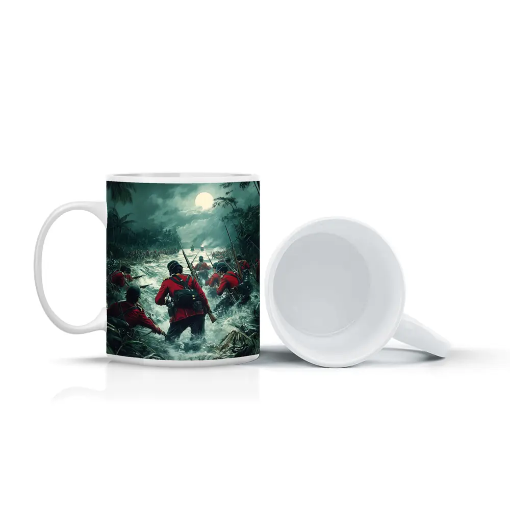 British Soldiers Charging Through Jungle River Night – Mugs