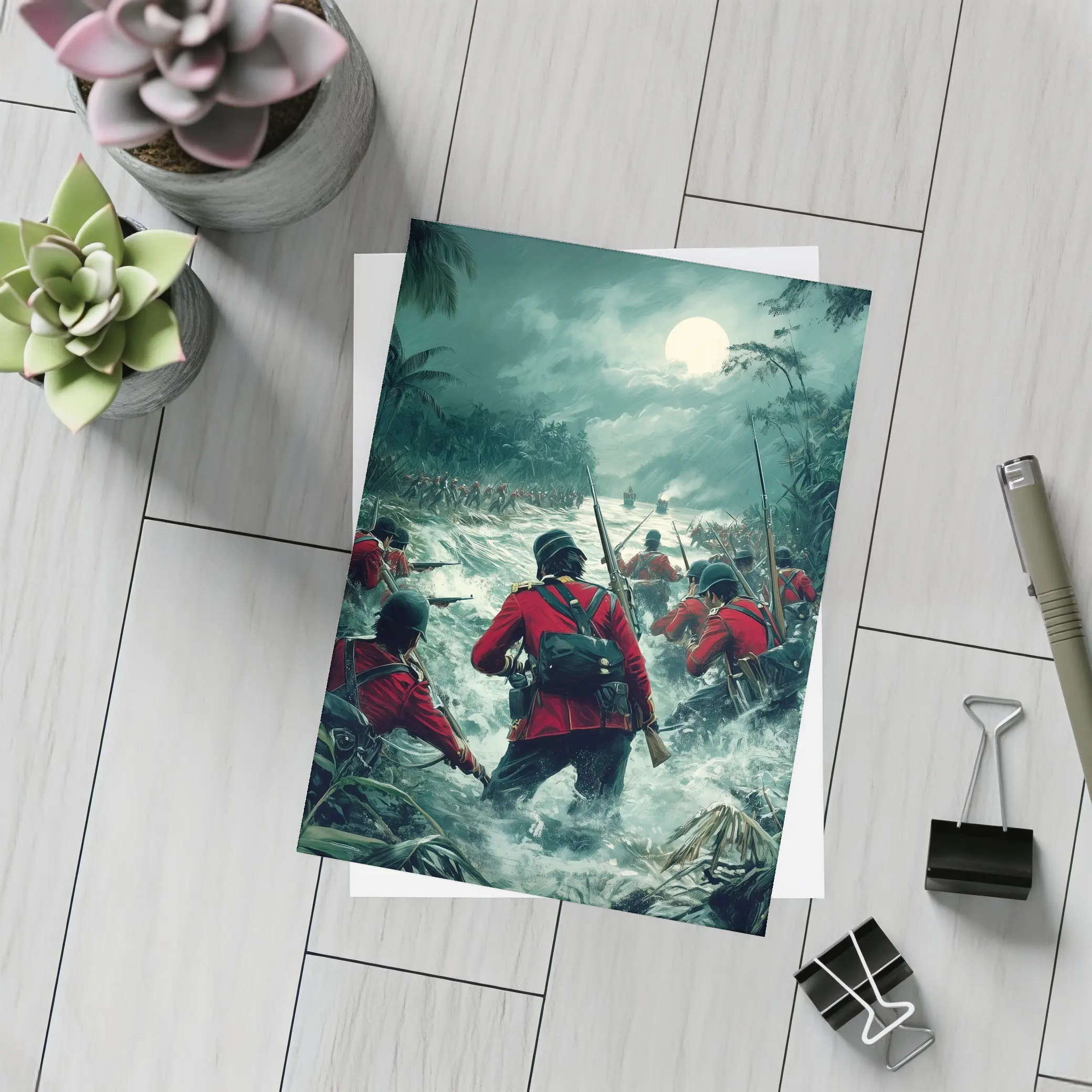 British Soldiers Charging Through Jungle River Night – Postcards