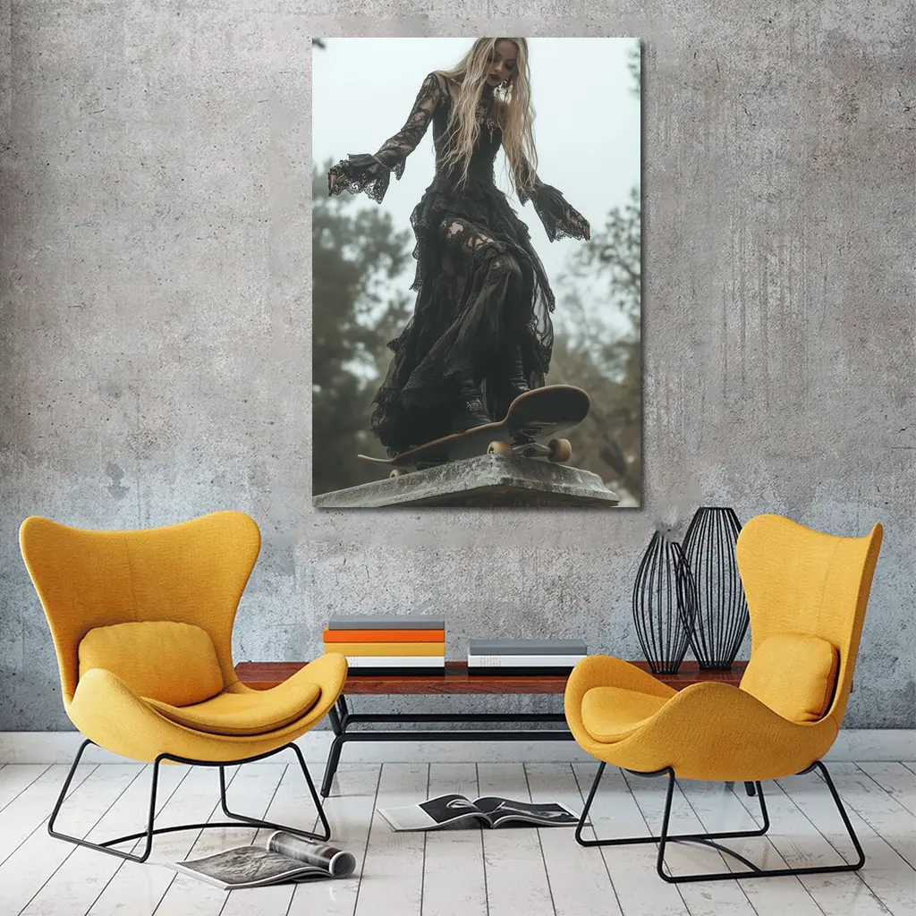 Gothic Woman Skating Black Lace Dress Outdoors – Wall Art
