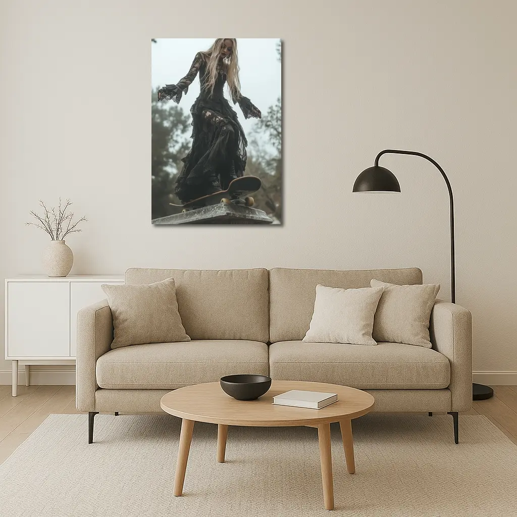 Gothic Woman Skating Black Lace Dress Outdoors – Wall Art