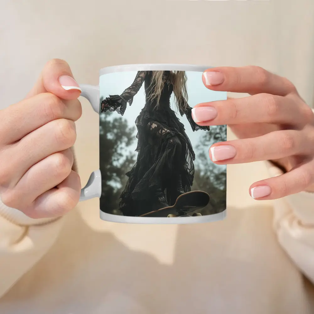 Gothic Woman Skating Black Lace Dress Outdoors – Mugs