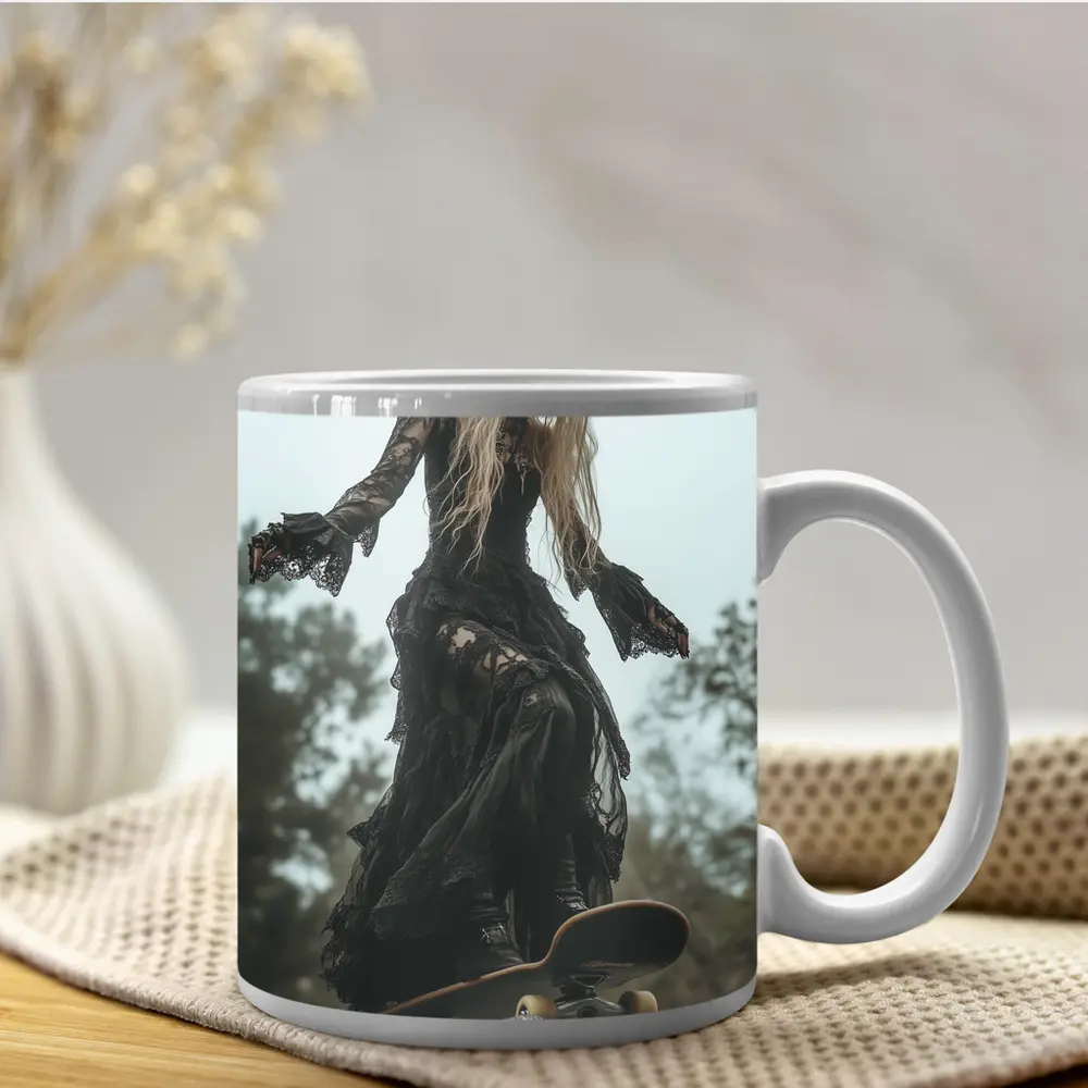 Gothic Woman Skating Black Lace Dress Outdoors – Mugs