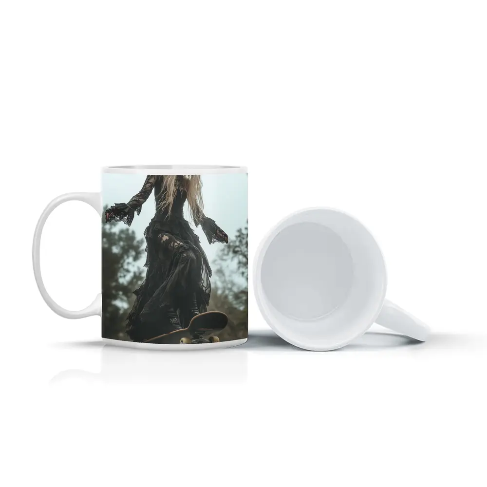 Gothic Woman Skating Black Lace Dress Outdoors – Mugs
