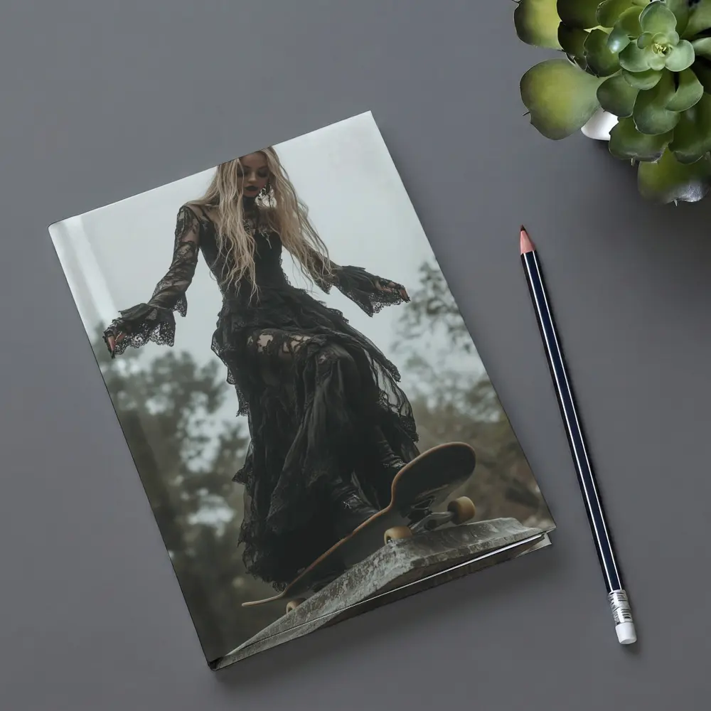 Gothic Woman Skating Black Lace Dress Outdoors – Notebooks
