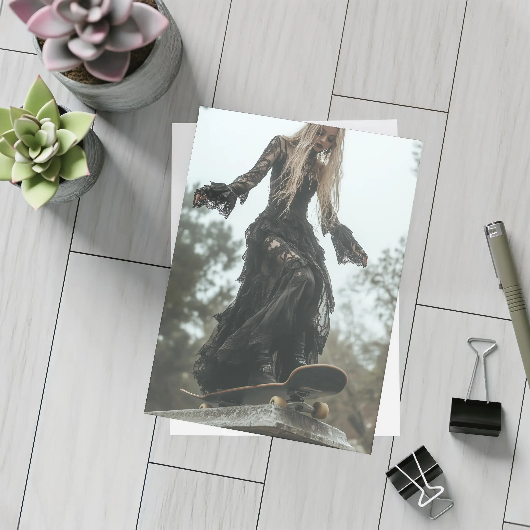 Gothic Woman Skating Black Lace Dress Outdoors – Postcards