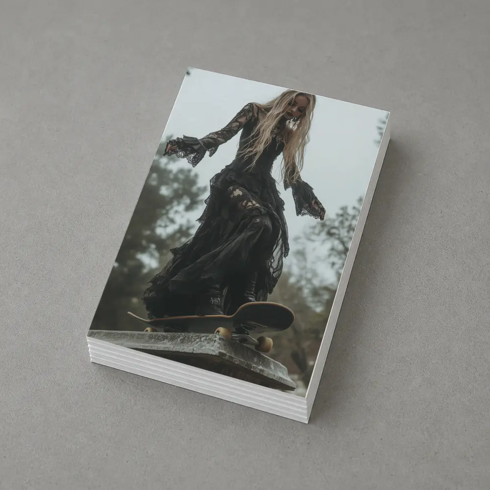 Gothic Woman Skating Black Lace Dress Outdoors – Postcards
