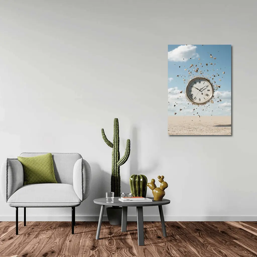Exploding Clock Floating Over Sandy Desert – Wall Art
