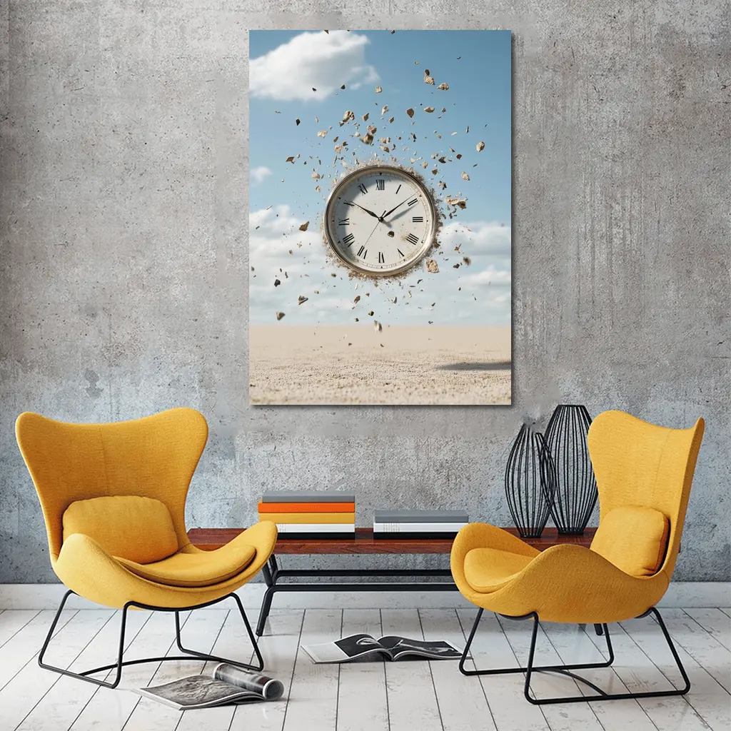 Exploding Clock Floating Over Sandy Desert – Wall Art