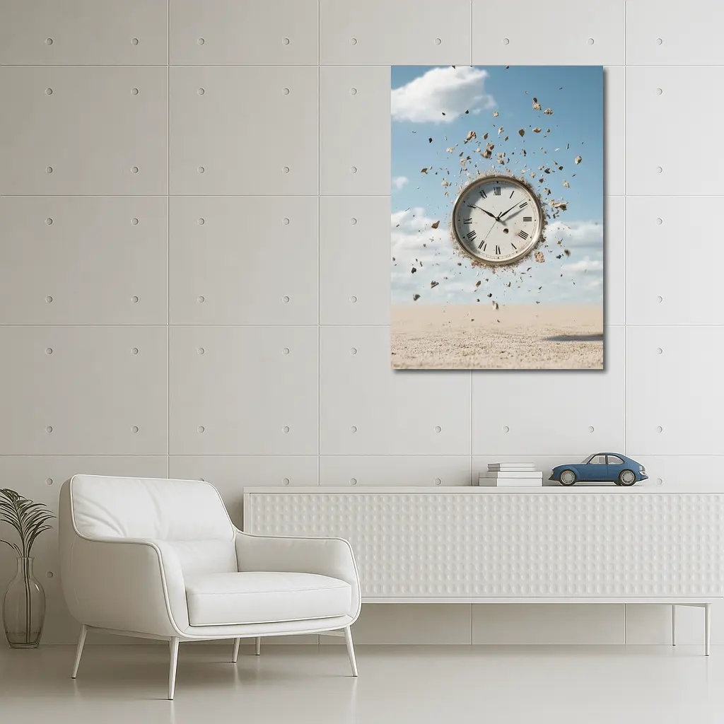 Exploding Clock Floating Over Sandy Desert – Wall Art