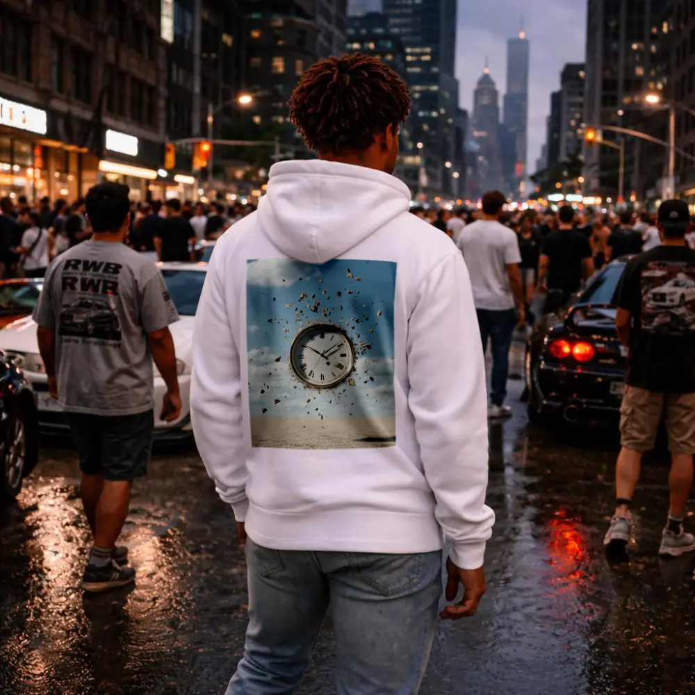 Exploding Clock Floating Over Sandy Desert – Hoodies
