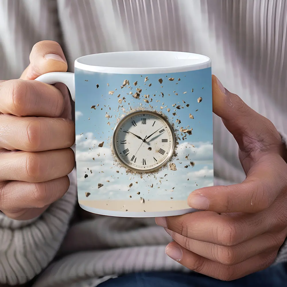 Exploding Clock Floating Over Sandy Desert – Mugs
