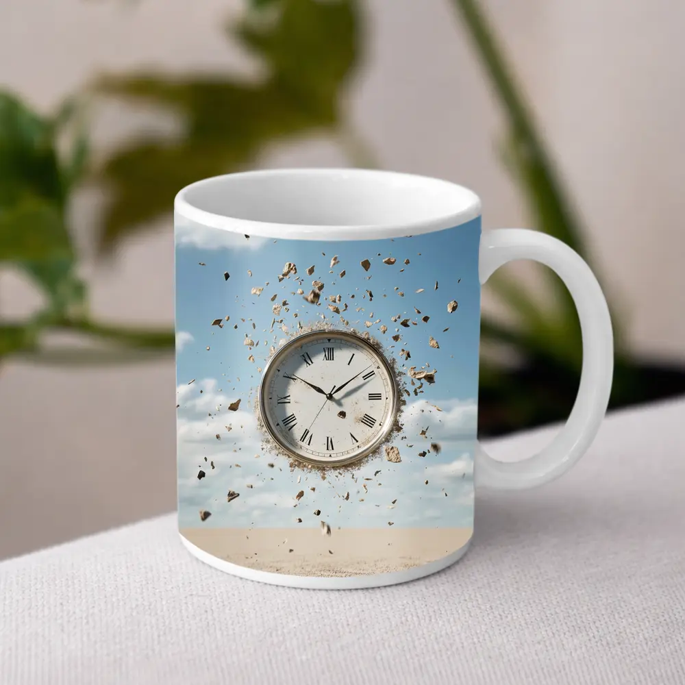 Exploding Clock Floating Over Sandy Desert – Mugs