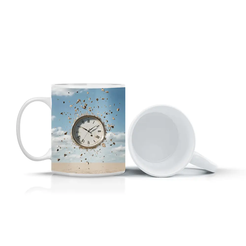 Exploding Clock Floating Over Sandy Desert – Mugs