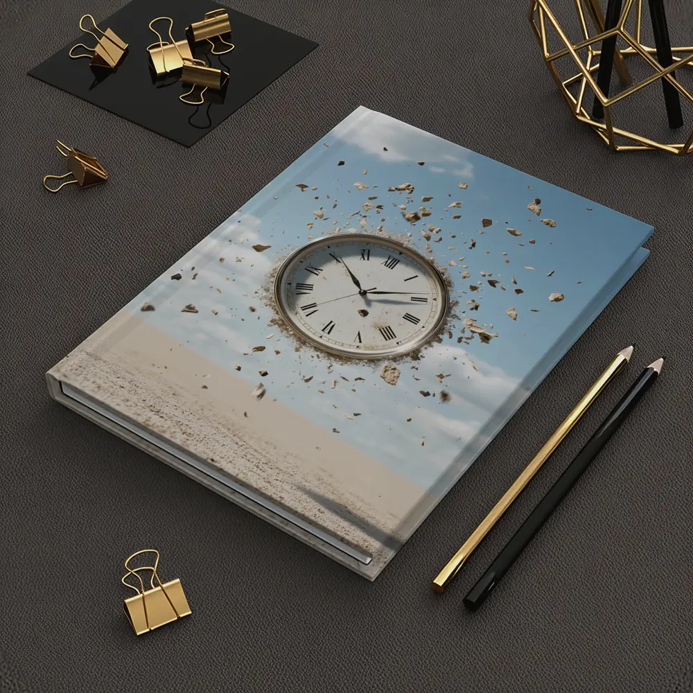 Exploding Clock Floating Over Sandy Desert – Notebooks