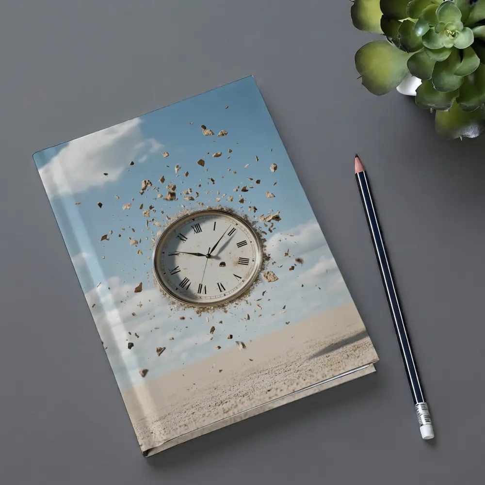 Exploding Clock Floating Over Sandy Desert – Notebooks