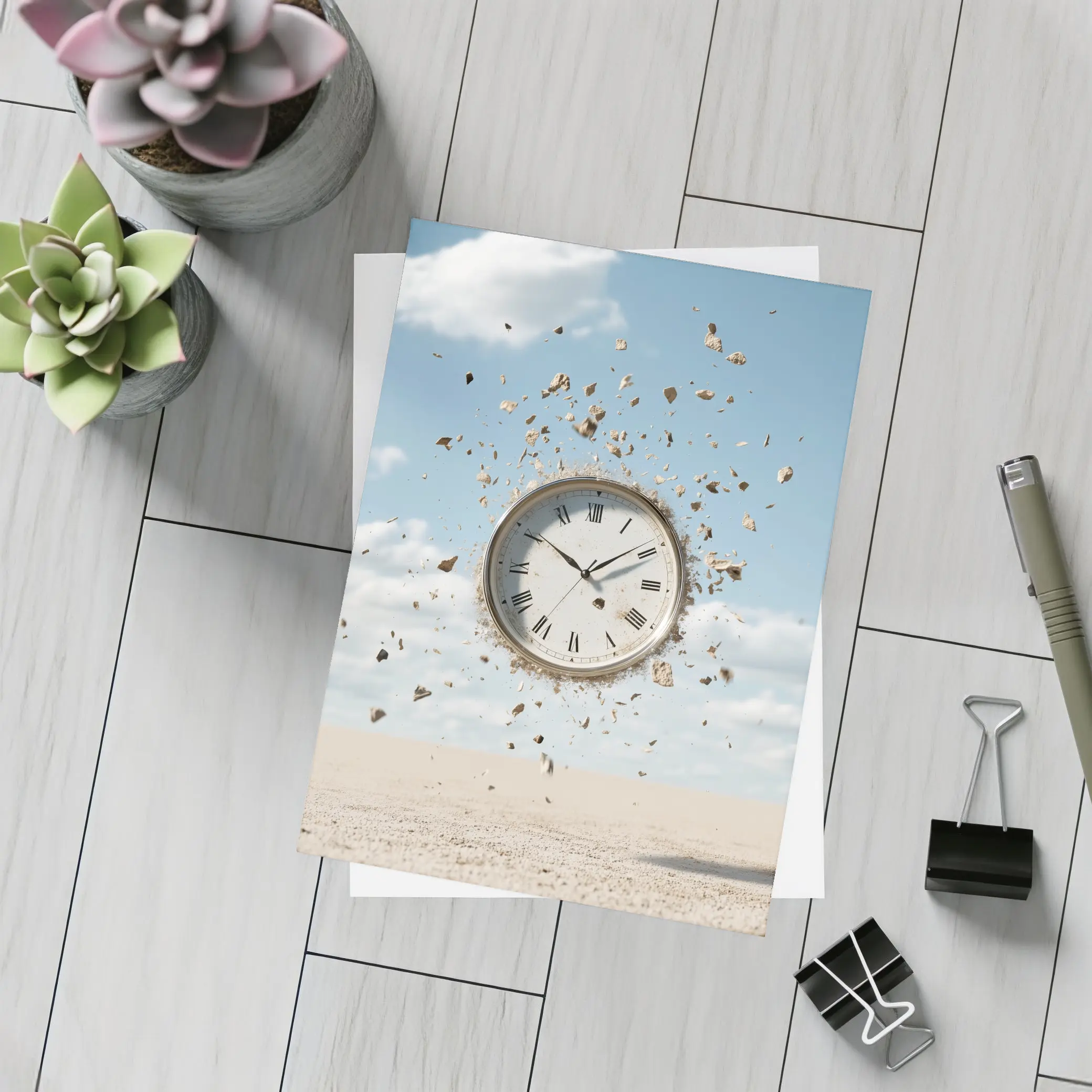 Exploding Clock Floating Over Sandy Desert – Postcards