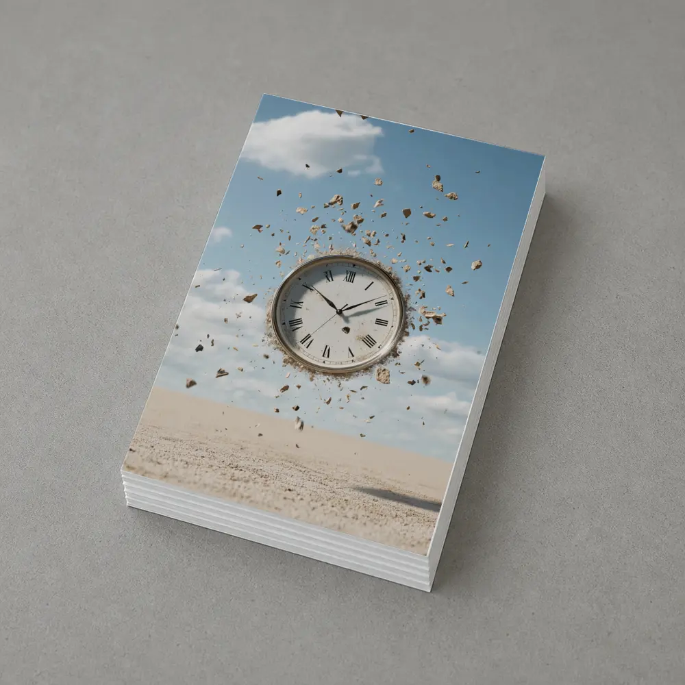 Exploding Clock Floating Over Sandy Desert – Postcards