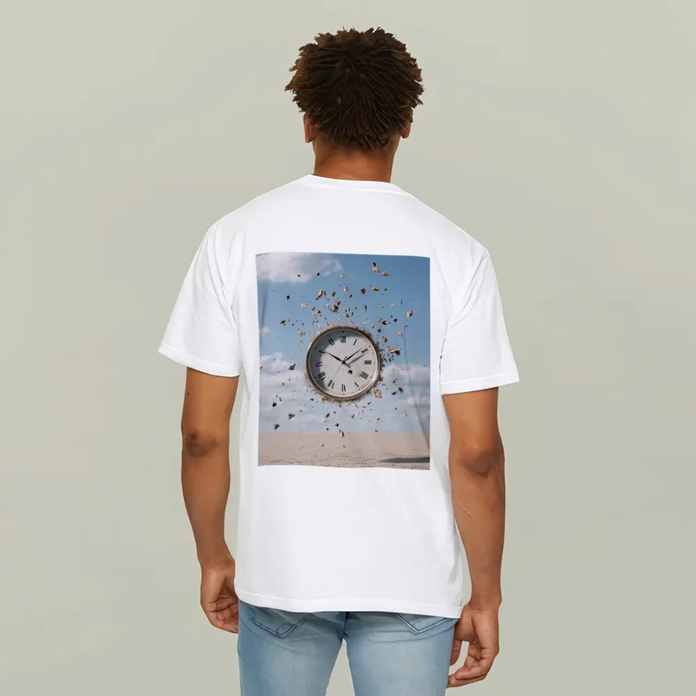 Exploding Clock Floating Over Sandy Desert – T-Shirts