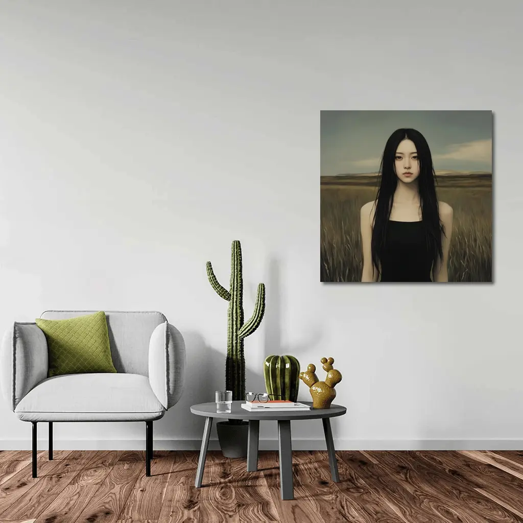 Dark Hair Woman Standing In Grassy Field – Wall Art